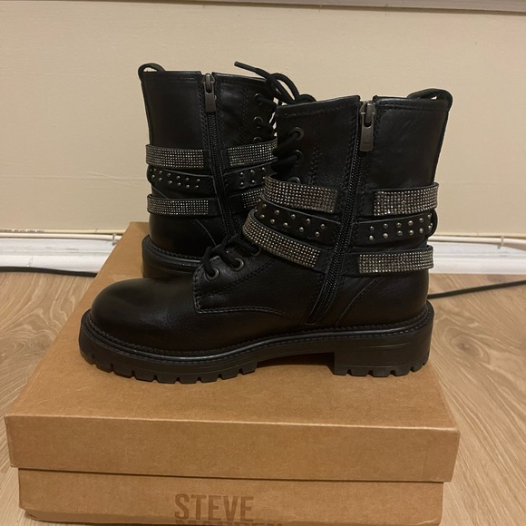 Steve Madden Black Combat Boots with zipper/lace-up with rhinestones. - Picture 3 of 15